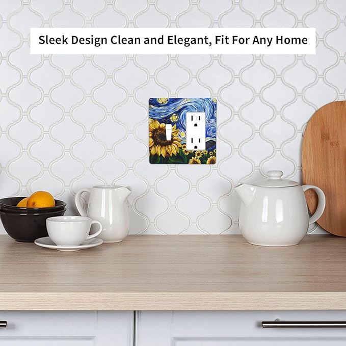 Vintage Abstract Blue Starry Sunflower 2 Gang Single Toggle Rocker Combination Light Switch Covers Wall Plate Cover Electrical Faceplate Decorative Switchplate for Farmhouse Country Bedroom Decor