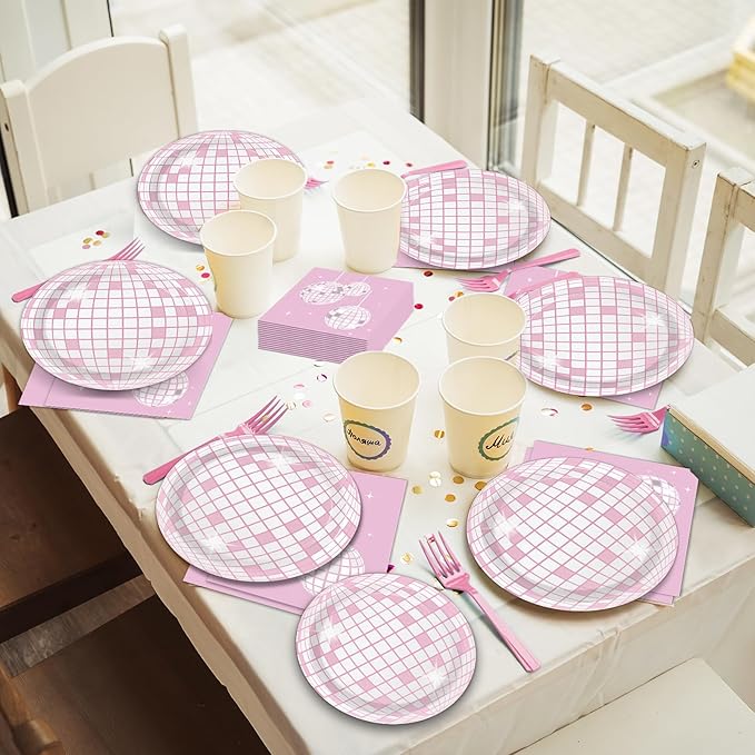 96PCS Pink Silver Disco Party Plates Napkins Disco Birthday Decoration 70s Theme Disposable Paper Cake Tableware Serve 24 Guests Women Girls Baby Shower Bachelorette Wedding Birthday Party Favor