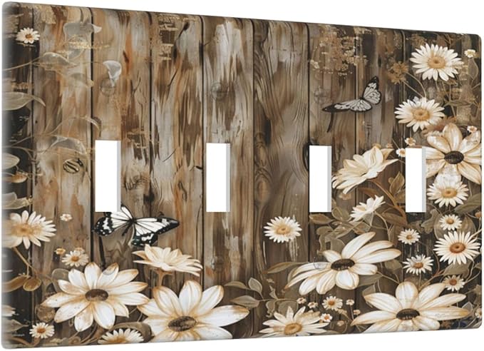 Light Switch Cover Plate Rustic Wood Butterflies Flowers Botanical 4 Gang Quad Toggle Decorative Switch Plates Electrical Wall Plates Faceplate for Farmhouse Cabin Decor