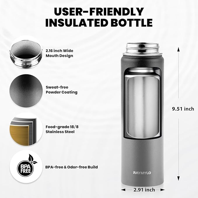 RAYMYLO Insulated Water Bottle 20 oz, Triple Wall Vacuum Stainless Steel (Cold for 24Hrs, Hot for 12Hrs), Leak Proof & Non-BPA, Kids Water Bottle Jug for School with Straw Spout Lids