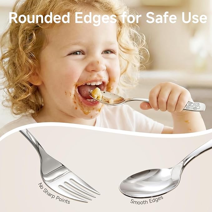 KINGSTONE Kids Utensils Set, 12 Pieces 18/10 Stainless Steel Kids Silverware - 6 Forks & 6 Spoons, Food-Grade, Construction, Digger & Dump Truck Engraved, Dishwasher Safe for Families/Schools