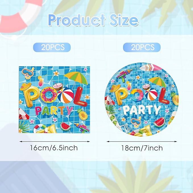 40 Pieces Pool Birthday Party Supplies, 20 – Disposable Pool Paper Plates and Napkins for Summer BBQ, Pool Party, Hawaii Holiday Decorations