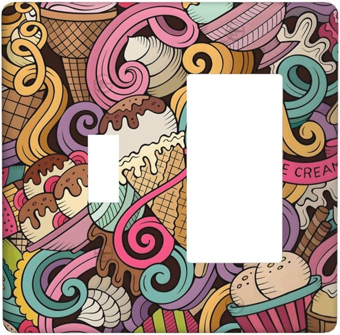 Cartoon Hand Drawn Ice Cream Doodles Colorful Print Outlet Covers 1 Toggle 1 Rocker Combination Decorative Wall Plate Electrical Switch Plates Light Switch Cover Plate for Kids Room Nursery Decor
