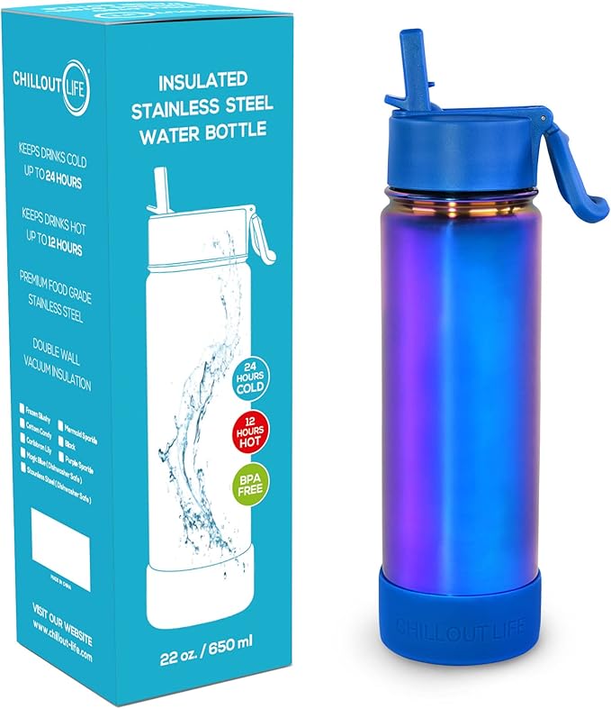 CHILLOUT LIFE 22 oz Kids Insulated Water Bottle for School with Straw Lid Leakproof and Cute Waterproof Stickers, Personalized Stainless Steel Thermos Flask Metal Water Bottle, Dishwasher Safe Color