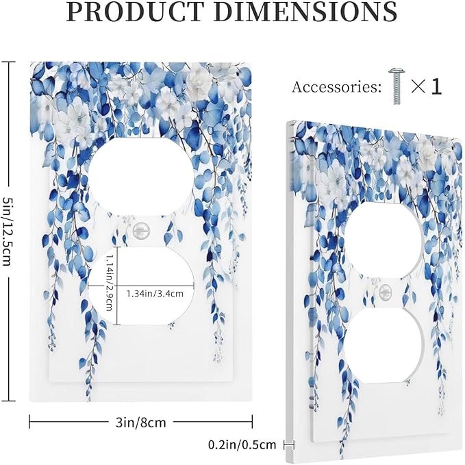 Blue Eucalyptus Leaves Floral Vine Flower Outlet Covers 1 Gang Duplex Light Switch Cover Decorative Switch Plates Electrical Receptacle Faceplate Wall Plate for Bedroom Living Room Decor
