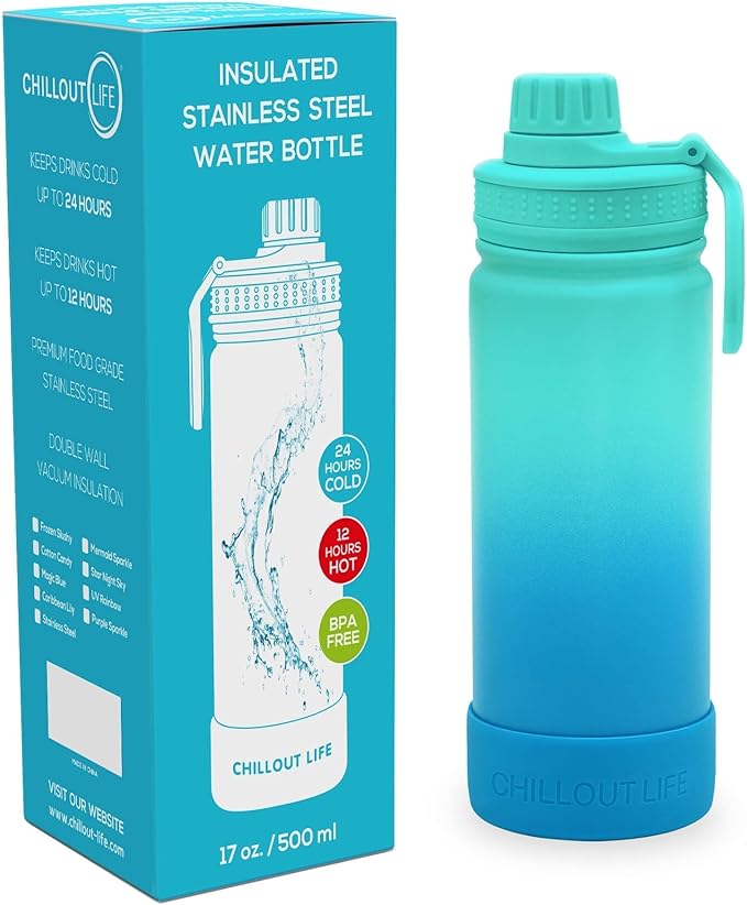 CHILLOUT LIFE 17 oz Kids Insulated Water Bottle for School with Leakproof Spout Lid and Cute Waterproof Stickers, Personalized Stainless Steel Thermos Flask Metal Water Bottle for Girls & Boys