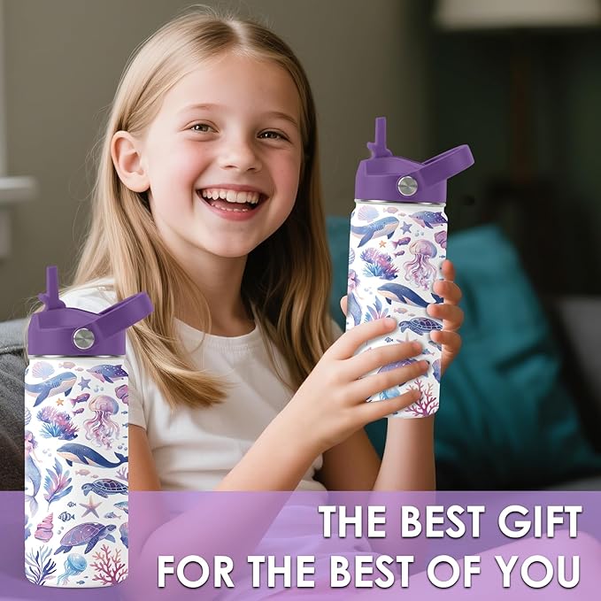 Ocean Gifts for Kids - 16 Oz Purple Water Bottle with Straw Lid, Stainless Steel Insulated Tumbler, Leak Proof, BPA-Free, for Girls & Boys, School, Beach - Marine Life Lovers Birthday Gifts (1pc)