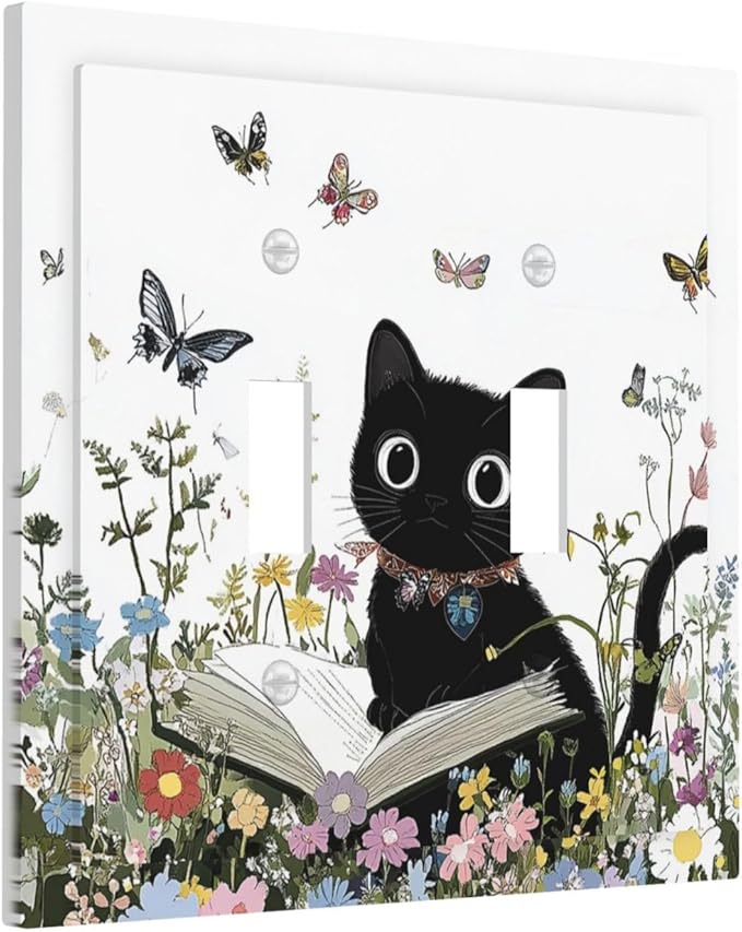 Decorative Switch Plates Cute Cat Wildflowers Boho Flowers Floral 2 Gang Double Toggle Outlet Light Switch Cover Wall Plate Electrical Faceplate For Nursery Kids Room Decor