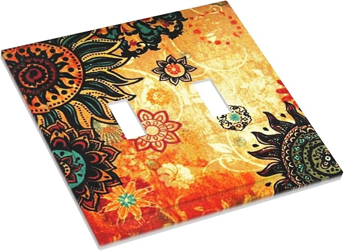 Red Mandala Boho Flower Toggle Light Switch Cover Contemporary Orange Retro Bohemian Floral 2-Gang Electrical Decorator Dual Device Face Wallplate Decorative Double Switch Plate Covers Bathroom Decor