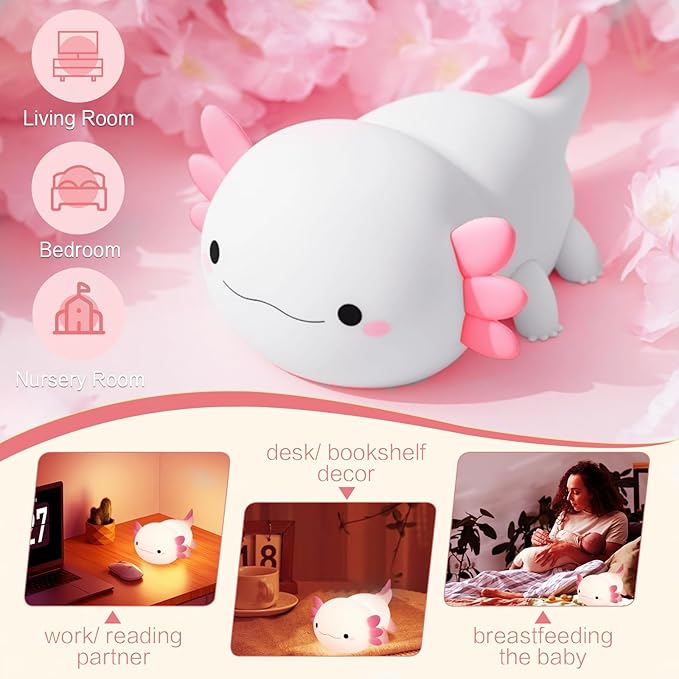 YR YRHH-PET Axolotl Night Light for Kids, Cute Squishy Rechargeable Axolotls Lamp, Unique White Pink Xmas Axolotl Gifts, Dimmable LED Silicone Nightlight, Baby Safe, Girls Room College Dorm Décor