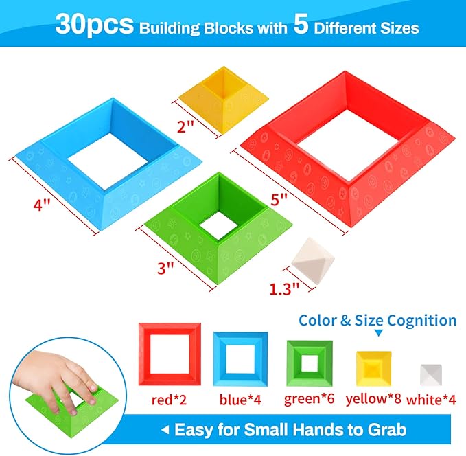 Hieoby Montessori Toys for 1 2 3 4 Year Old Boys Girls Toddlers Preschool Learning Activities 30Pcs Building Blocks Stacking Educational Toys STEM Sensory Gifts for Kids Age 1-2 2-4
