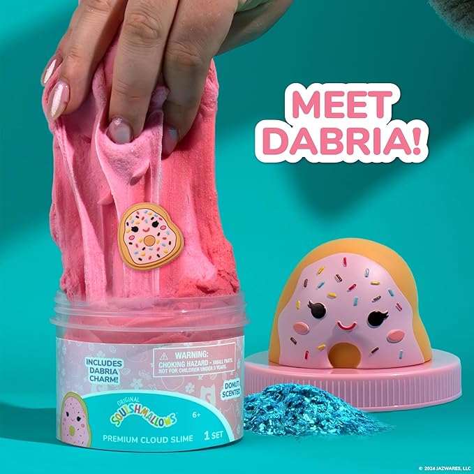 Original Squishmallows Dabria The Donut Premium Cloud Slime, Donut-Scented, 8 oz., Storage Container with Figurine Topper, Rubber Charm, Goodie Bags Stuffers, Kids Party Favors, Sensory Toys