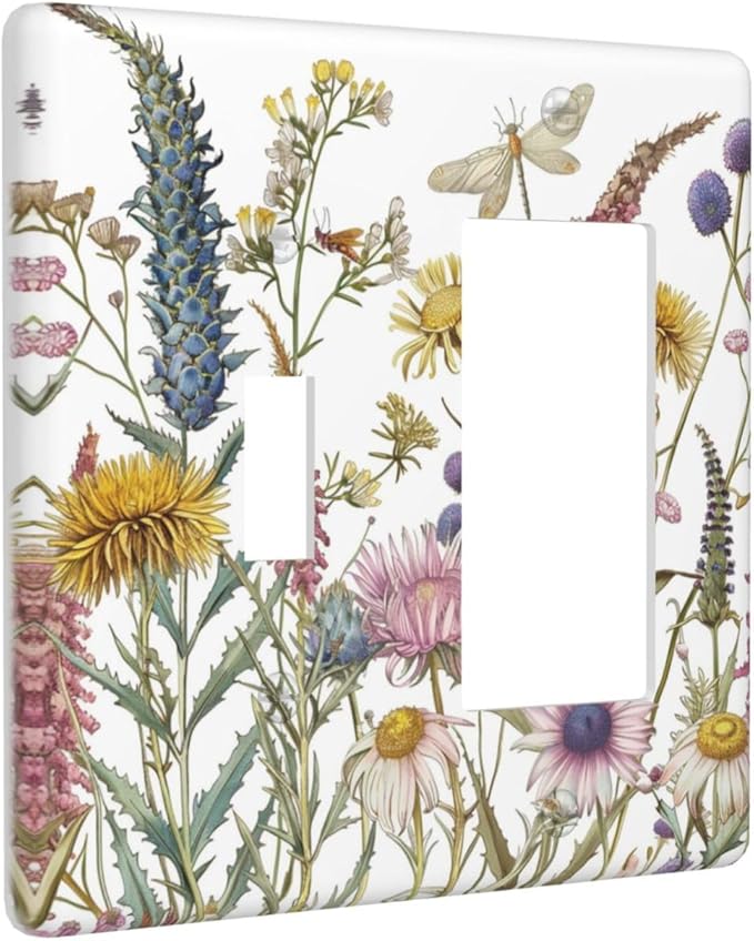 Light Switch Cover Plate Botanical Wildflowers Dragonfly Colorful Floral 2 Gang Combo Wall Plates Toggle Rocker Decorative Switch Plates and Outlet Covers for Bathroom Bedroom Decor