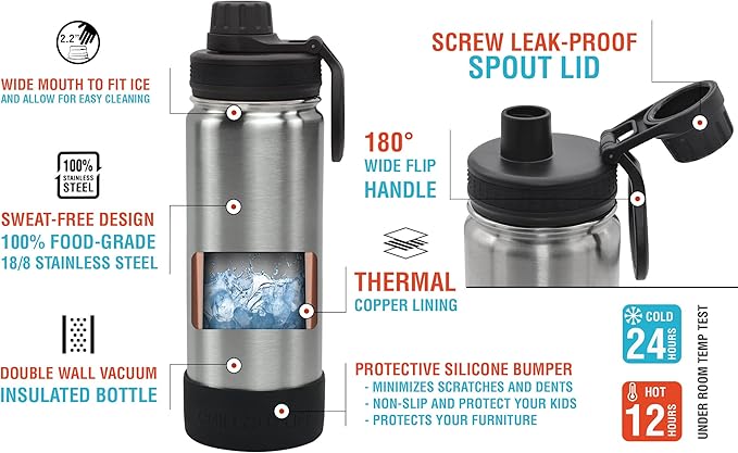 CHILLOUT LIFE 17 oz Kids Insulated Water Bottle for School with Leakproof Spout Lid and Cute Waterproof Stickers, Personalized Stainless Steel Thermos Flask Metal Water Bottle for Girls & Boys
