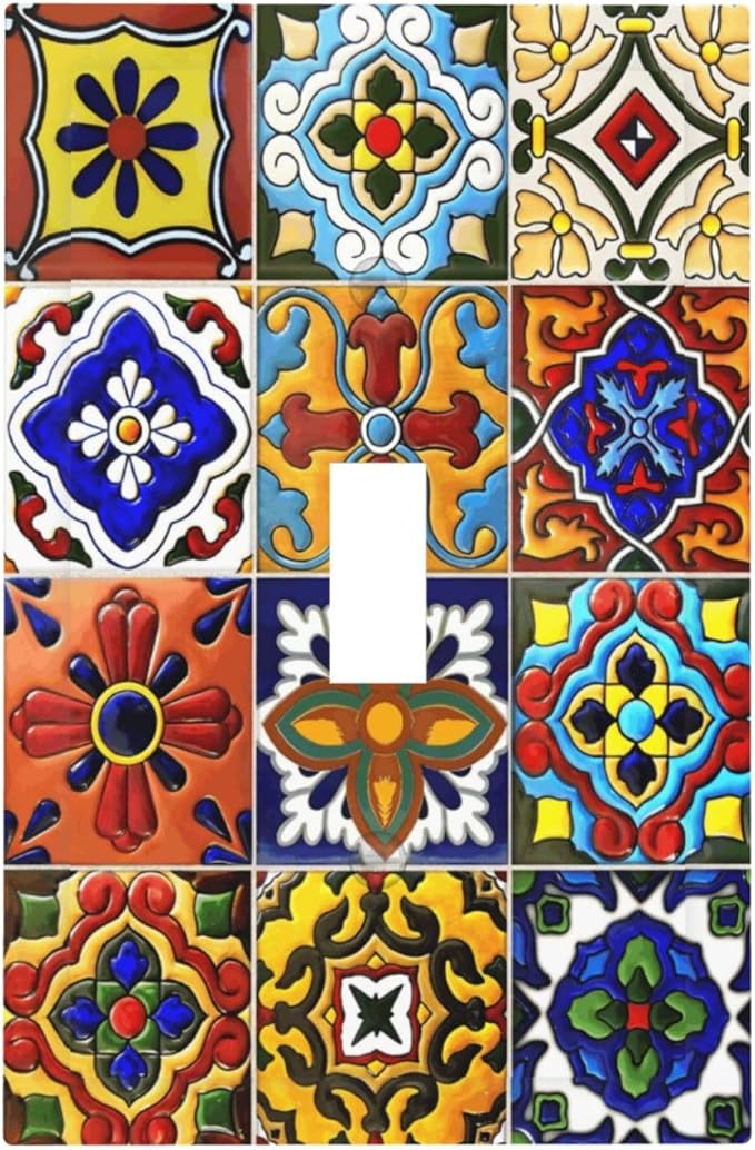 Vintage Colorful Boho Mexican Moroccan Tile Decorative Light Switch Cover 1 Gang Single Toggle Device Electrical Faceplate Switchplates Decorator Outlet Wall Plate for Farmhouse Home Decor