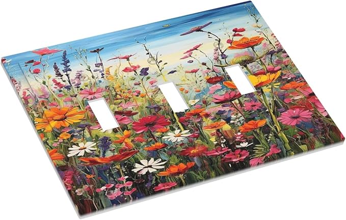 Colorful Wildflowers Painting Floral Flower Decorative Switch Plates 3 Gang Wall Plate Triple Toggle Light Switch Cover Faceplate Electrical Wall Panels for Bedroom Living Room Decor