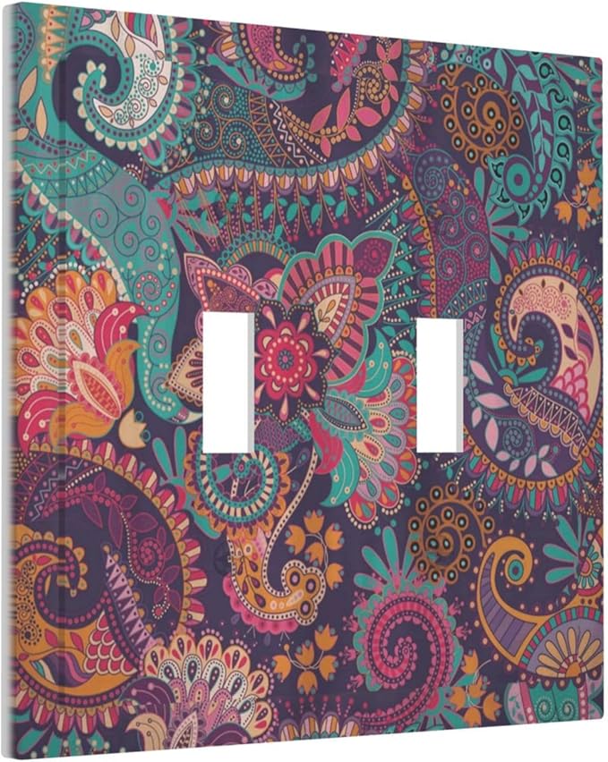 Mandala Boho Paisley Purple Floral Colorful Flower Decorative Switch Plates 2 Gang Double Toggle Outlet Light Switch Cover Wall Plate Electrical Faceplate for Home Bedroom Decor