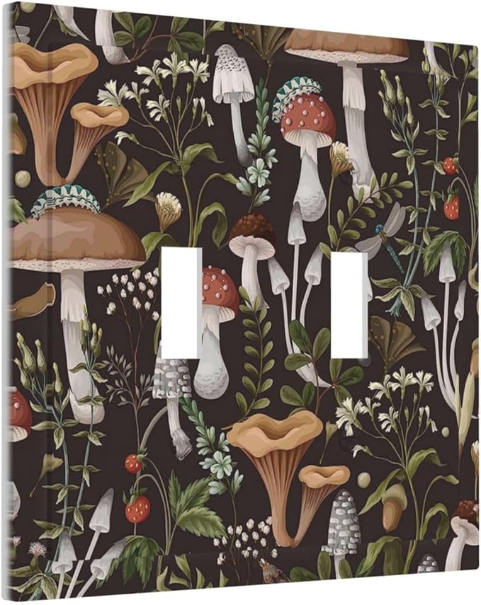 Funky Retro Vintage 70s 60s Boho Hippie Mushroom Botanical Floral 2 Gang Double Toggle Light Switch Wall Plate Outlet Cover Electrical Faceplate Switchplate Countryside Rural Bathroom Decor