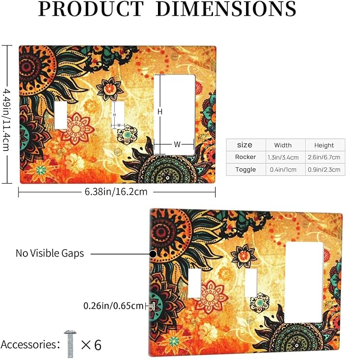 Red Orange Boho Bohemian Flower Floral 3-Gang 2-Toggle 1-GFCI/Decorator Combination Light Switch Decorative Triple Combo Device Switches/Rocker Outlet Covers and Wall Plate