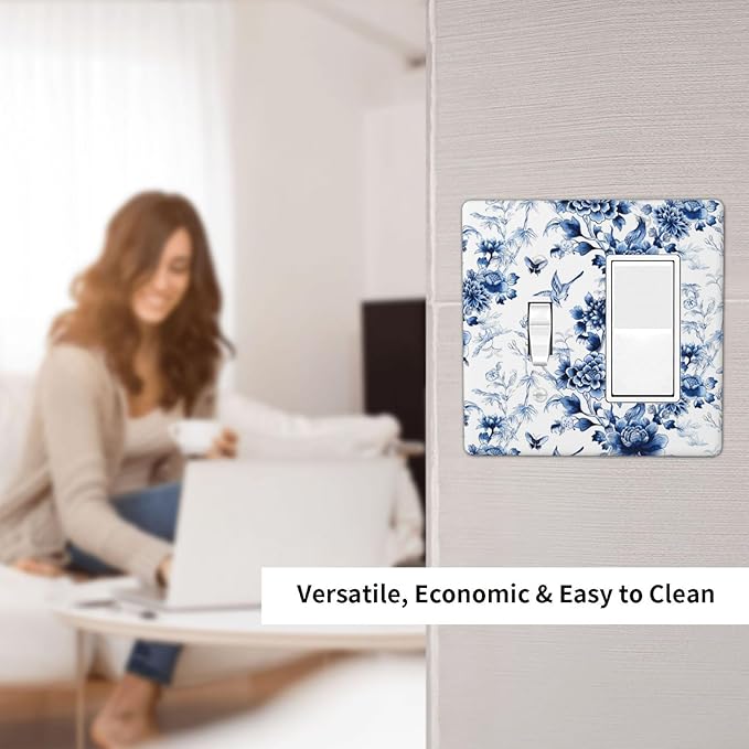 Blue Flower White Floral Plant Bird Butterfly Outlet Covers 1 Toggle 1 Rocker Combination Decorative Wall Plate Electrical Switch Plates Light Switch Cover Plate for Bedroom Living Room Decor