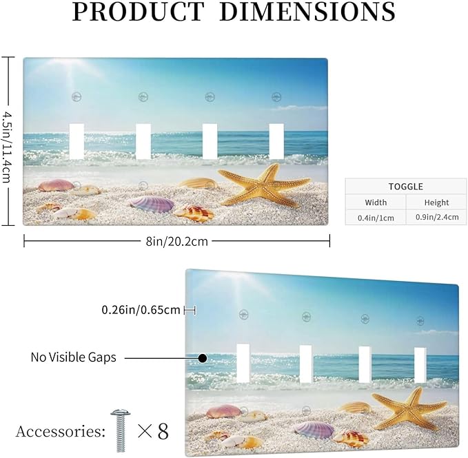 Light Switch Covers Summer Beach Colorful Seashell Starfish Quad Toggle Electrical Faceplate 4 Gang Wall Plate Decorative Switch Plates For Kids Room Nursery Decor