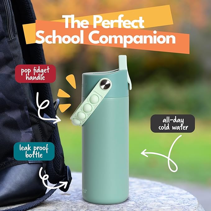 Elemental Insulated Kids Water Bottle, Stainless Steel Water Bottle with Straw Lid & Pop-It Handle, Leak-Proof Water Bottles for School, Boys or Girls, Travelling and Sports, 18oz - Sage