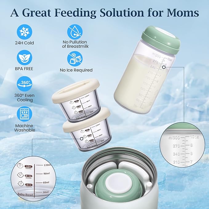 3-in-1 Breast Milk Cooler for 24H 360° Cooling, 11oz Breastmilk Chiller with Bottle & 8oz Baby Food Containers & 27oz Insulated Food Jar, Fits from Baby to Adult for Outdoor, Work & Travel - Green