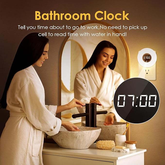Night Light Clock, Dimmable+3 Light Colors+Timer Nightlight Timing Light, Small Clock, Toilet Light with Plug in Timer, Night Light Plug in, Nightlight for Kids Room, Bedroom Clocks for Kids Room