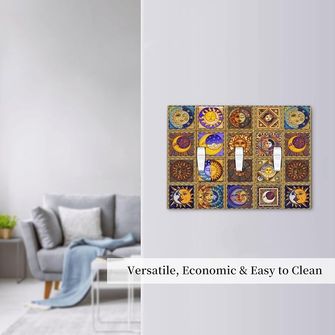 Mexican Talavera Tiles Star Pattern Celestials Theme Print Decorative Switch Plates 3 Gang Wall Plate Triple Toggle Light Switch Cover Faceplate Electrical Wall Panels for Kitchen Home Decor