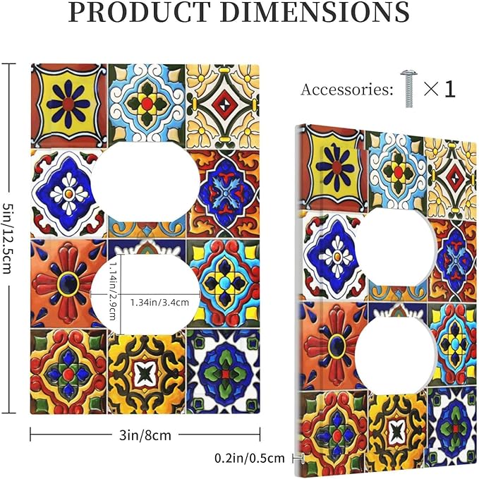 Vintage Colorful Boho Mexican Moroccan Tile Outlet Covers 1 Gang Duplex Light Switch Cover Decorative Switch Plates Electrical Receptacle Faceplate Wall Plate for Farmhouse Home Decor