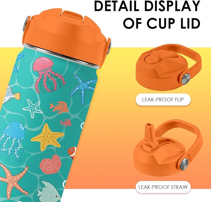 Ocean Gifts for Kids - 16 Oz Green Water Bottle with Straw Lid, Stainless Steel Insulated Tumbler, Leak Proof, BPA-Free, for Girls & Boys, School, Beach - Marine Life Lovers Birthday Gifts (1pc)