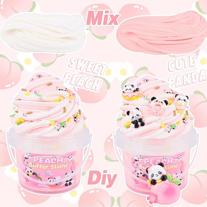 Pink Peach Butter Slime Kit, with Fun Panda Slime Add Ins, Soft Non-Sticky, Scented Slime Kit for Kids, Birthday Gifts for Boys & Girls, Classroom Rewards, DIY Stress Relief Toy (300 ml)
