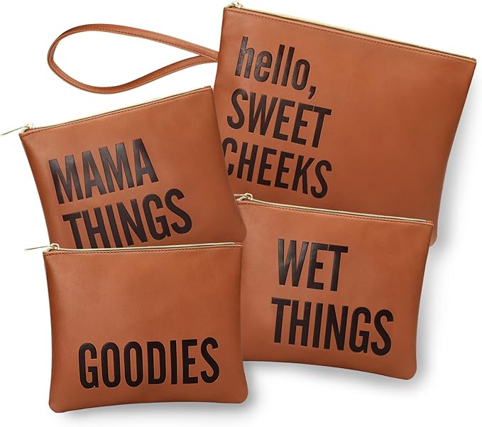 MOMINSIDE Baby Diaper Bag Organizer, Water Resistant Wet Bags Set of 4 Leather Diaper Clutch,Diaper Bag Organizing Pouches Packing Cubes, Cloth Diaper Wet Dry Bags for Daily Use Travel Vacations