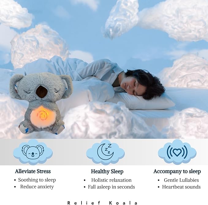 Anxiety Relief Koala, Breathing Teddy Bear with Calming Music, Lights, Sleeping Otter Plush, Soothing Koala for Adults & Kids, Stress Relief Stuffed Animal (3-Level Adjustable Volume)
