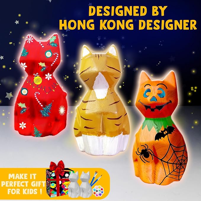 Goody King Paint Your Own Cat Lamp Kit, 2PCS DIY Cat Crafts Night Light, Easter Basket Stuffers, Arts & Crafts for Kids Ages 8-12, Painting Kit for Kids, Easter Birthday Gifts for Kids Ages 4 5 6 7 8+