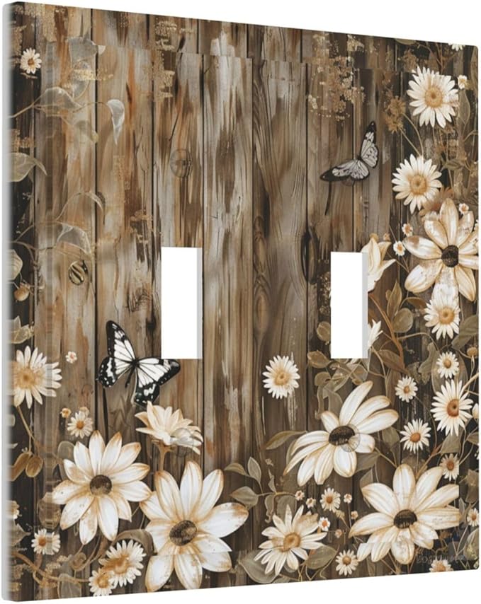Light Switch Cover Plate Rustic Wood Butterflies Flowers Botanical 2 Gang Double Toggle Decorative Switch Plates Wall Plates Electrical Faceplate for Farmhouse Cabin Decor
