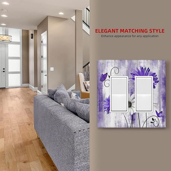 Decorative Outlet Covers Rustic Purple Daisy Butterfly Boho White Floral 2 Gang Wall Plate Cover Double Rocker Decora Light Switch Covers Plate Jumbo Dual Electrical GFCI Switch Plate Cover