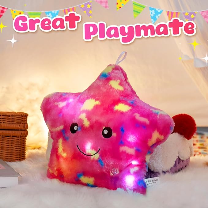 WEWILL 13'' Pink Light up Twinkle Star Glowing LED Night Light Plush Toy Stuffed Animal Birthday Christmas Holiday Valentines Gifts for Toddlers Girls