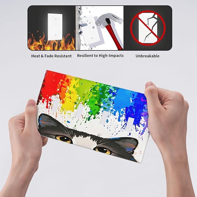 Cat Rainbow Quad Toggle Wall Plate Decorative 4 Gang Light Switch Covers Electrical Switchplate Home Decorate Faceplat for Bathroom Bedroom Kitchen Room 4.5 x 8 Inch