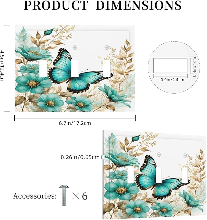 Decorative Light Switch Cover Plate Butterfly on Blue Daisy Flower Floral Golden Leaf 3 Gang Wall Plate Oversized Triple Toggle Switch Cover Plate Jumbo Electrical Face Plate
