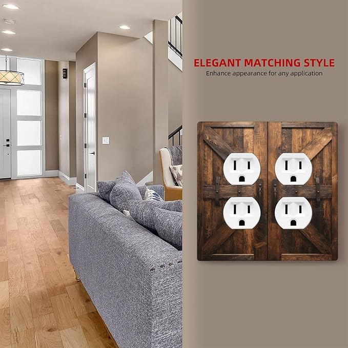 Decorative Outlet Covers Retro Brown Wood Barndoor 2 Gang Light Switch Cover Plate Double Duplex Wall Plates for Electrical Outlets Switch Plate Covers for Farmhouse Home Decor