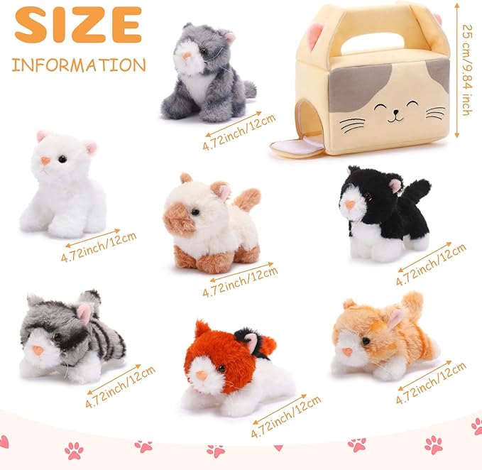 Blueweenly 8 Pcs Small Cat Stuffed Animal Set Plush House with 7 Fluffy Kitten Toys Stuffed Cats for Kids Birthday Gifts Pet Party Favors