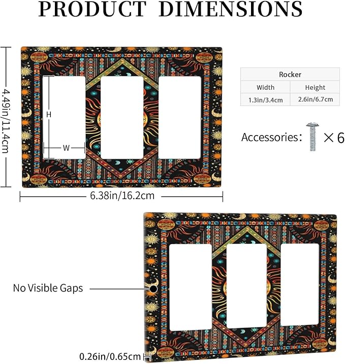 Light Switch Cover Boho Burning Sun Hippie Retro Bohemian Gypsy 3 Gang Wall Plate Triple Light Switch Plate Rocker GFCI Outlet Covers Decorative Receptacle Cover for Bathroom Home Decor