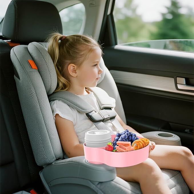 [2 Packs] Kids Car Seat Tray, Travel Tray with Cup Holder for Toddler, Kids Car Seat Food Snack Tray for Road Trip, Stroller snack tray travel must haves - Pink Color
