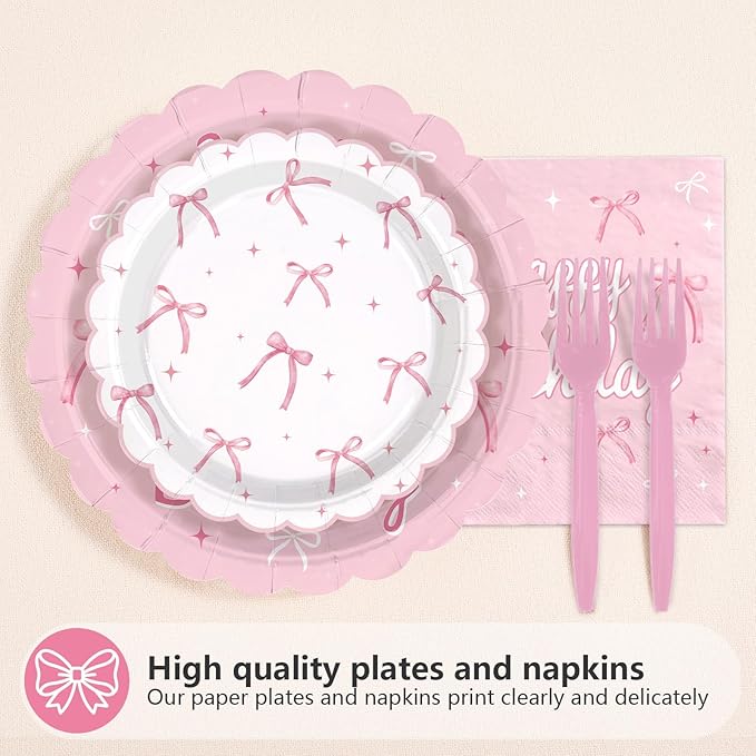 96Pcs Pink Bow Party Supplies Coquette 17th Birthday Party Plates and Napkins Disposable Bow Themed Tableware Set for Girl Happy 17th Birthday Baby Shower Decorations, Serves 24