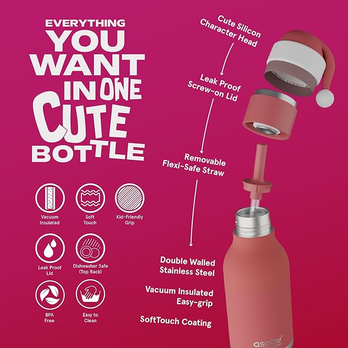 asobu Bestie Bottle Insulated Stainless Steel Water Bottle with Detachable Soft Animal Head Fun Drinking For Kids and Teens with Flexible Reusable Straw 16 Ounce (Santa)