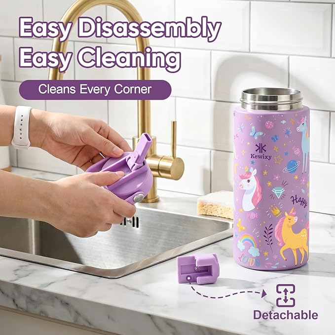 KEWIXY 14oz Water Bottle with Straw, Easy Slide Lid, Leak Proof, Keep Cold 24H, Vacuum Insulated, Metal Stainless Steel with Handle for School, Unicorn Lilac