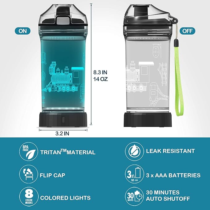 YuanDian Light Up Kids Water Bottle with 3D Train Design- 14 OZ Tritan BPA Free - Cool Drinking Cups Gift for School Kindergarten Boys and Girls Christmas Holiday