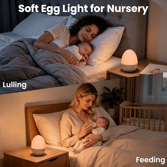 Egg Light for Nursery,Egg Night Light with 30 White Noise Sounds,30/60/90 Min Timer,BPA Free,Rechargeable Nursery Night Light with 2 Lighting Effects,Portable Egg Lamp for New Moms of Toddlers