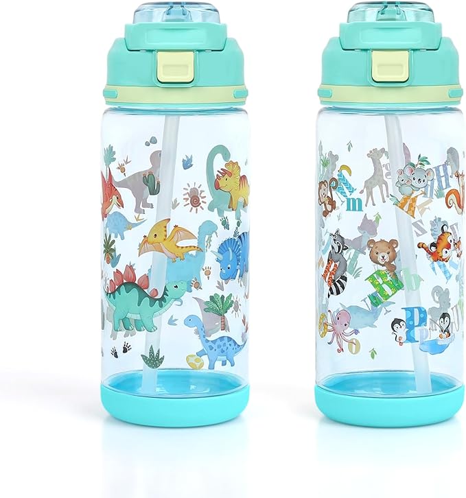 decalsweet Kids Water Bottle 20oz Durable Leak-Proof Plastic Water Cup for Kids Toddlers,With Straw Handle and Pop-Up Spout Cover,Safe for School Sports Daycare Travel & Camp Pack of 2
